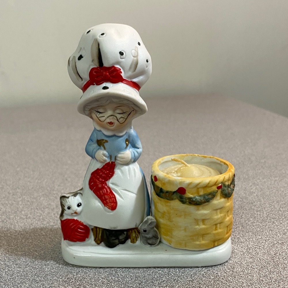 Vintage Whimsical Ceramic Candle Holder with Blue Dress